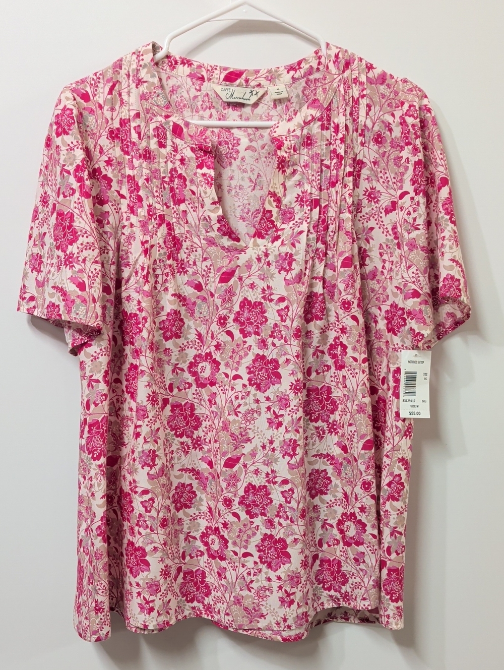 Caffe Marrakesh Pleated V-Neck Floral Blouse Size Medium